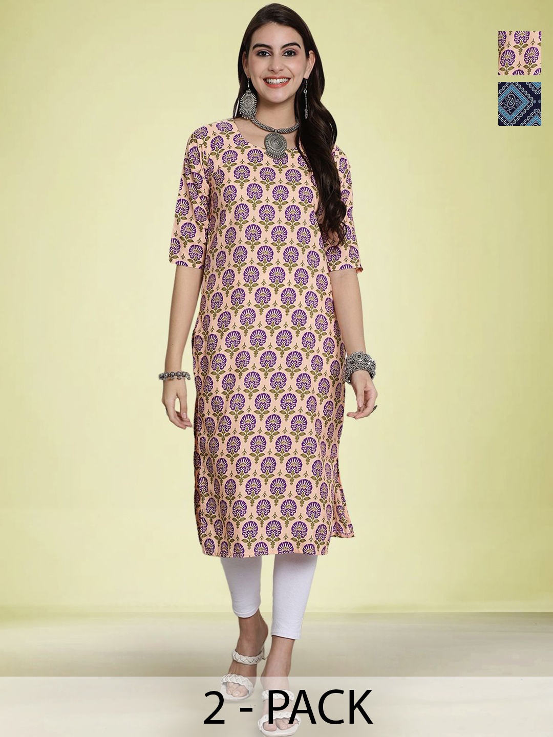 

Moda Rapido Selection Of 2 Floral Printed Straight Kurtas, Peach
