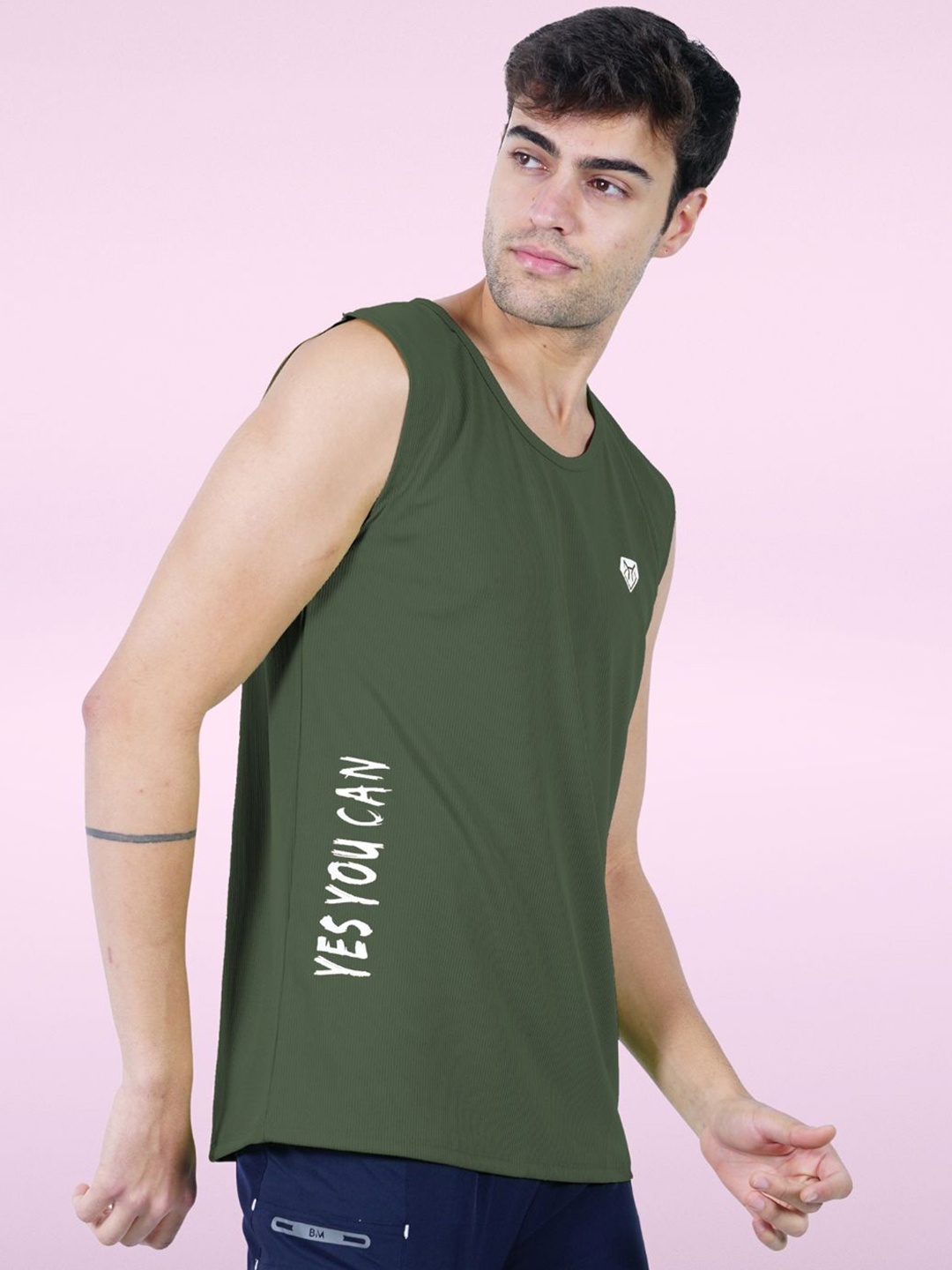 

Body Mechanics Men Printed Relaxed Fit Innerwear Gym Vest, Olive