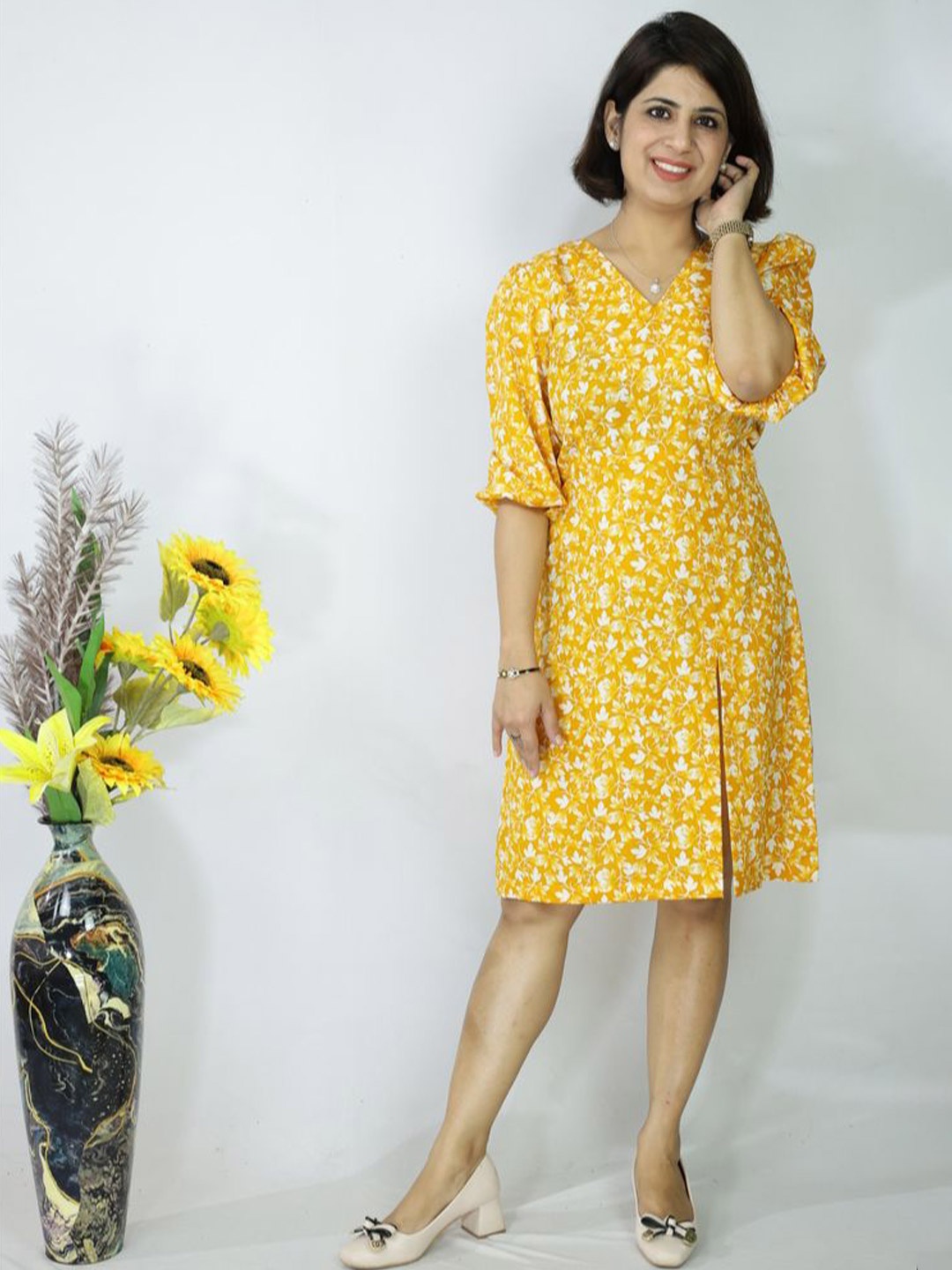 

GEETUES Floral Print Crepe Fit & Flare Dress, Yellow