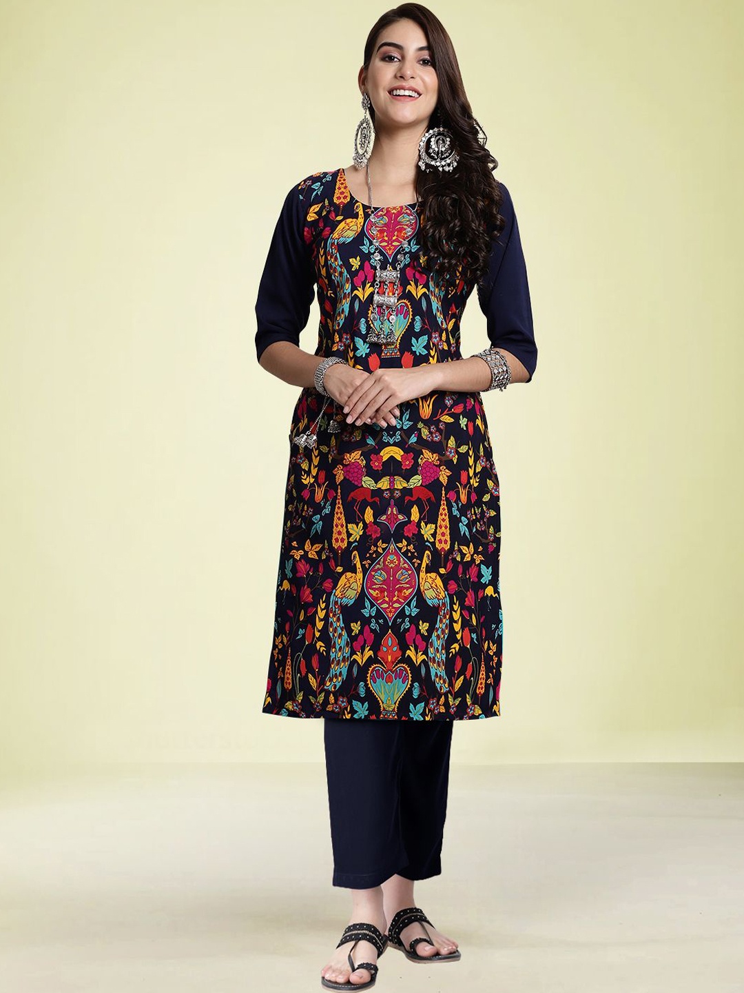 

Moda Rapido Floral Printed Round Neck Straight Kurta With Trouser, Black