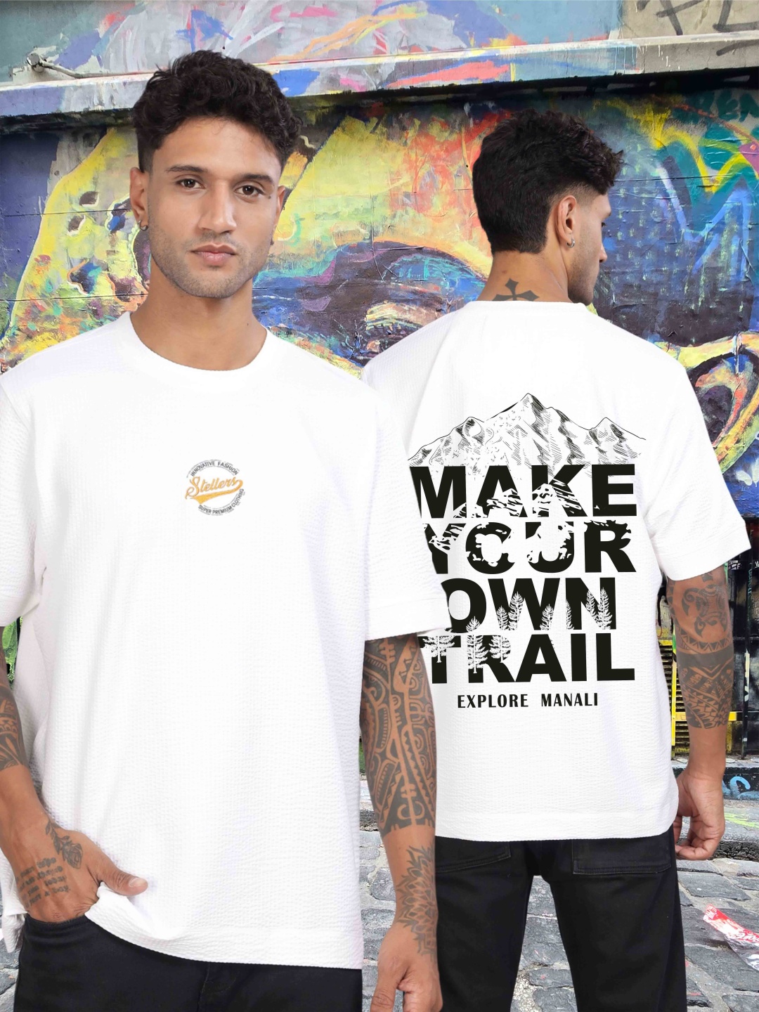 

STELLERS Men Graphic Printed Oversized Casual T-shirt, White