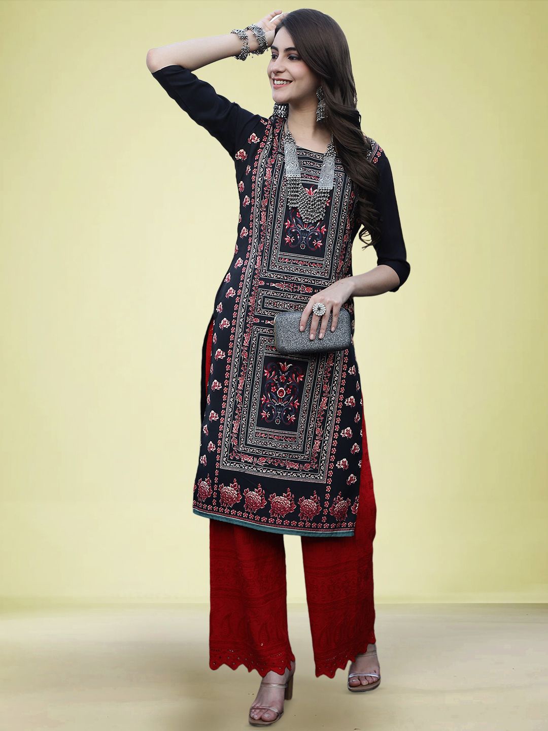 

Moda Rapido Ethnic Motifs Printed Round Neck Straight Kurtas, Black