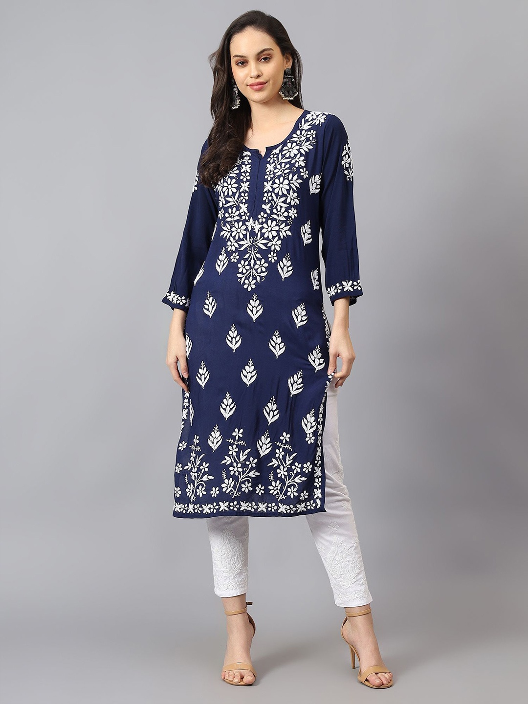 

Nazaqat Ethnic India Floral Embroidered Chikankari Notch Neck Straight Kurta, Blue