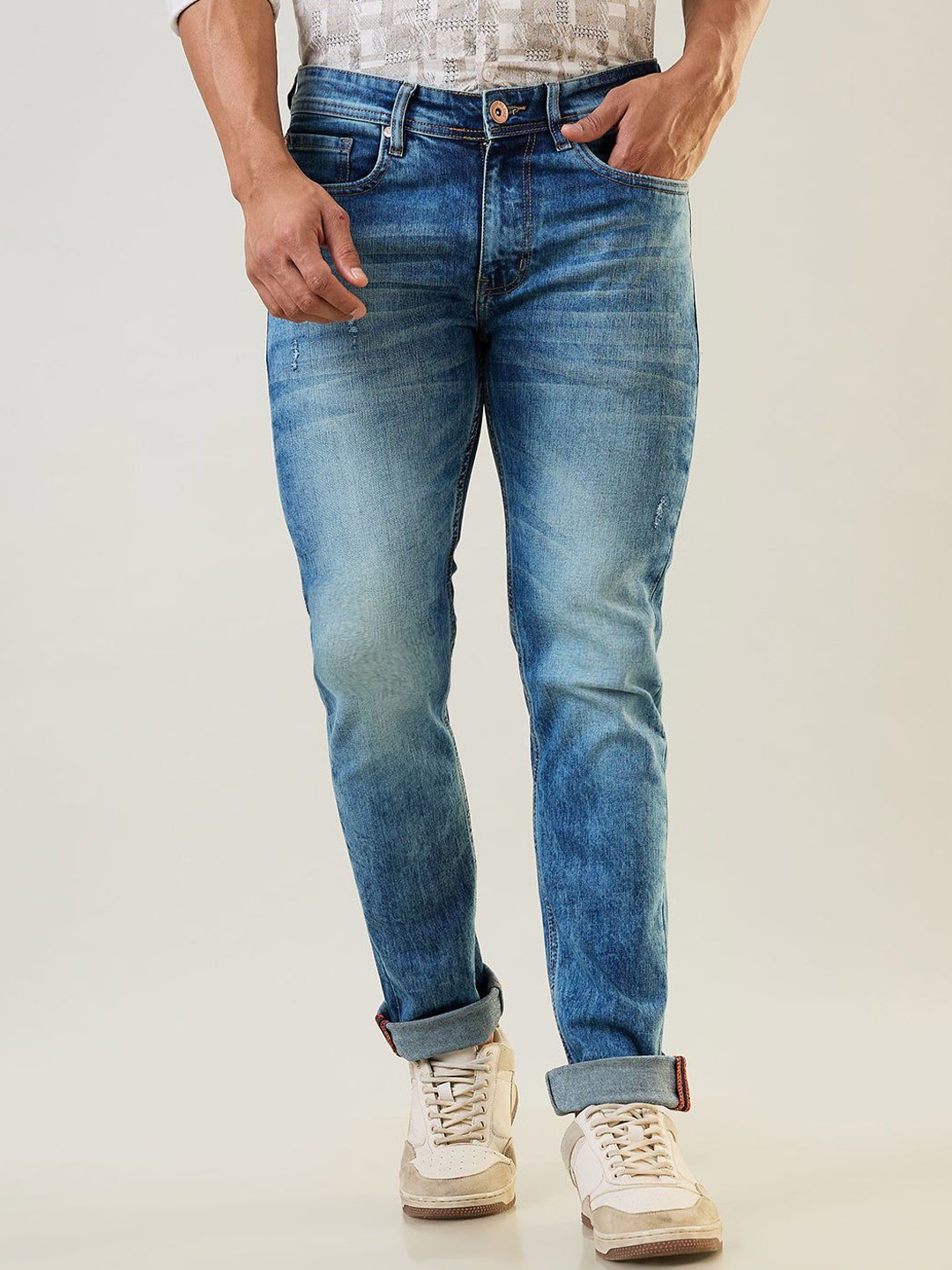 

TIM PARIS Men Straight Fit Low Distress Heavy Fade Jeans, Blue