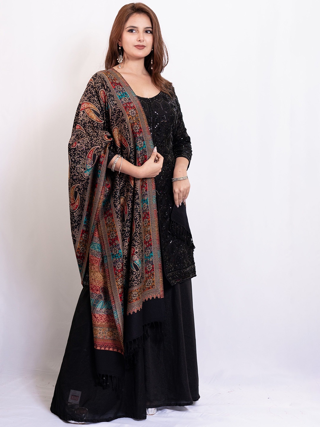 

PASHGIRI Ethnic Motifs Woven Design Pure Woollen Shawl, Black