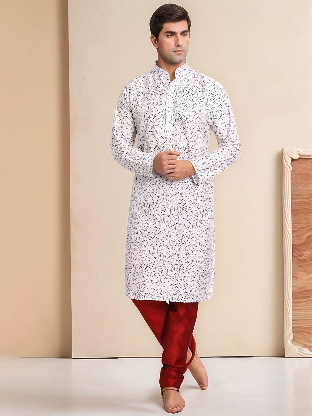 

Moda Rapido Geometric Printed Collar Straight Kurta With Pyjama, Off white