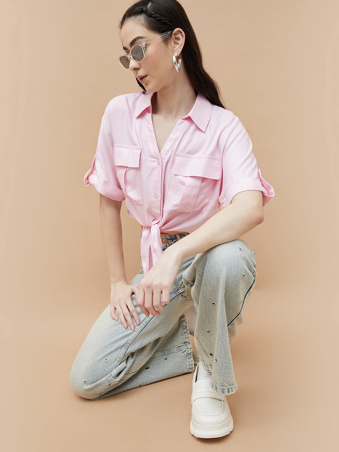 

Ginger by Lifestyle Women Solid Crop Casual Shirt, Pink