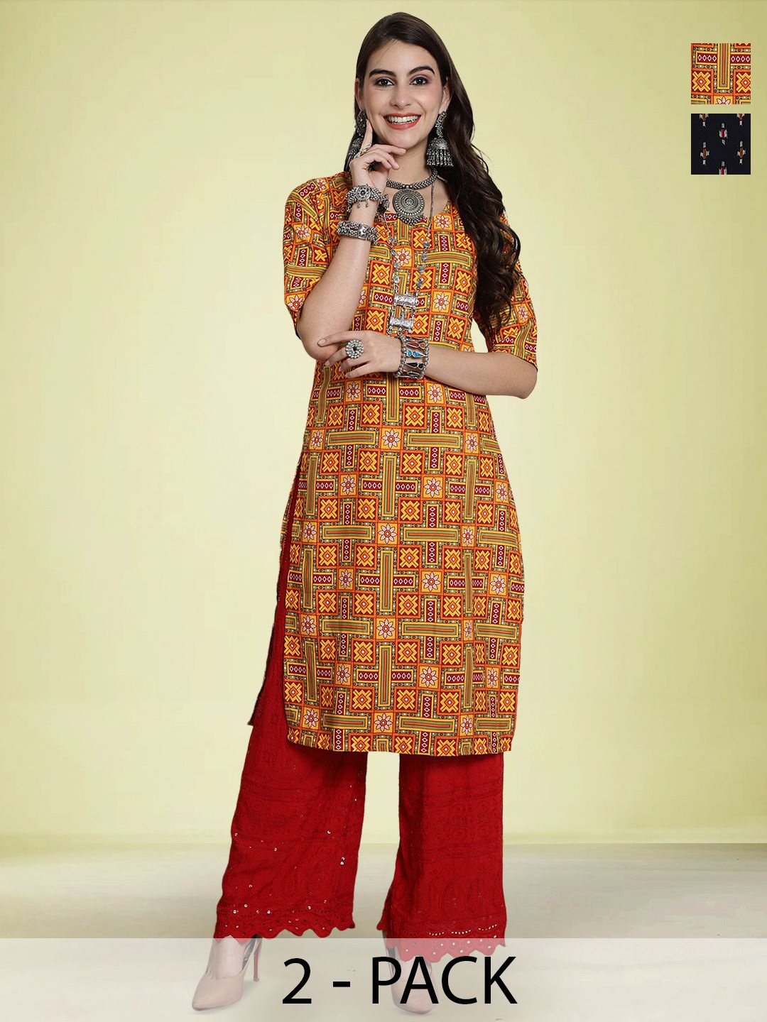 

Moda Rapido Selection Of 2 Ethnic Motifs Printed Round Neck Straight Kurtas, Mustard