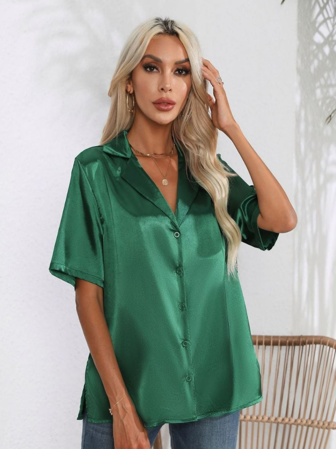 

Oh Rare Women Cuban Collar Solid Satin Casual Shirt, Green