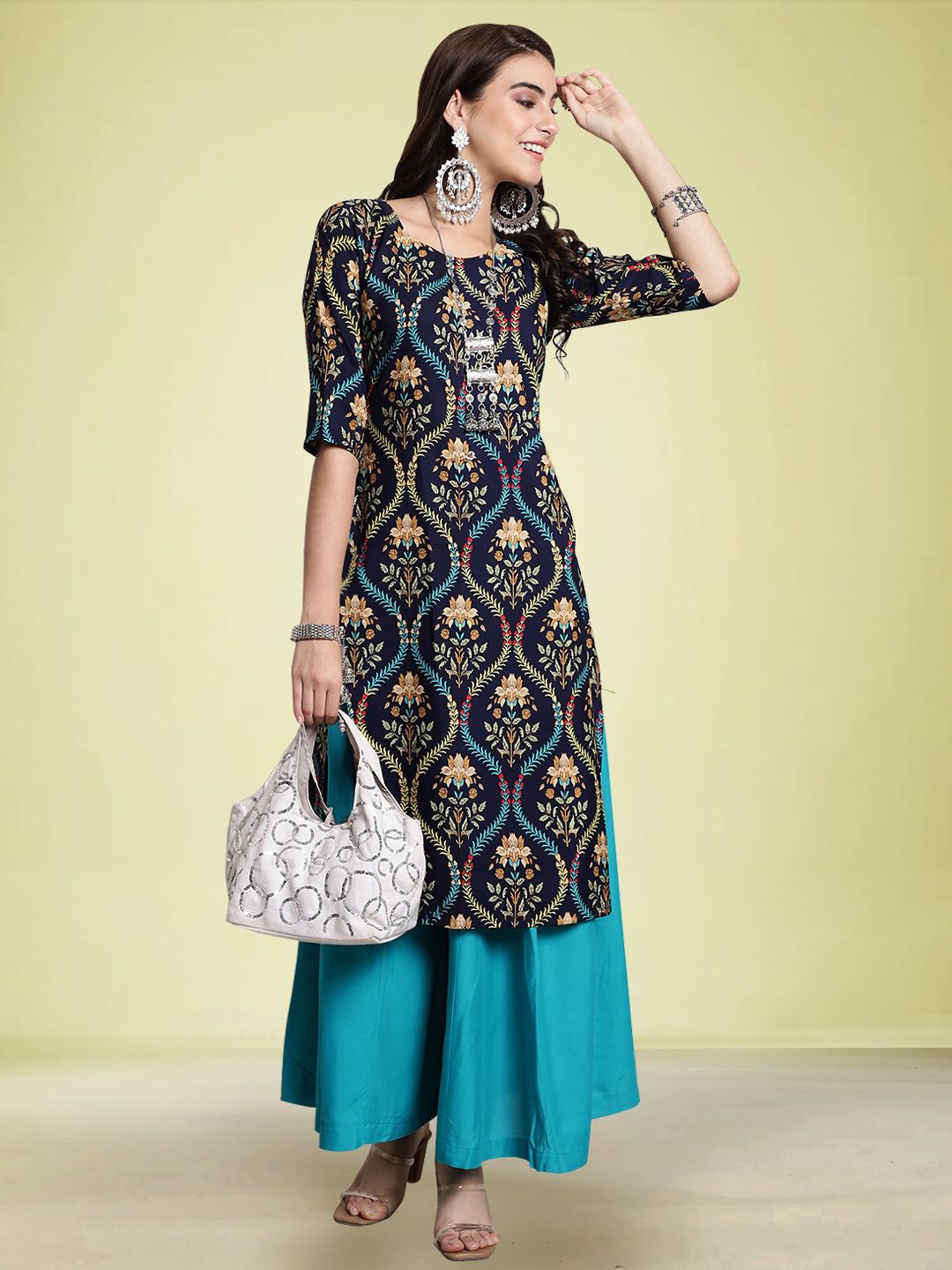 

Moda Rapido Floral Printed Round Neck Straight Kurta, Navy blue