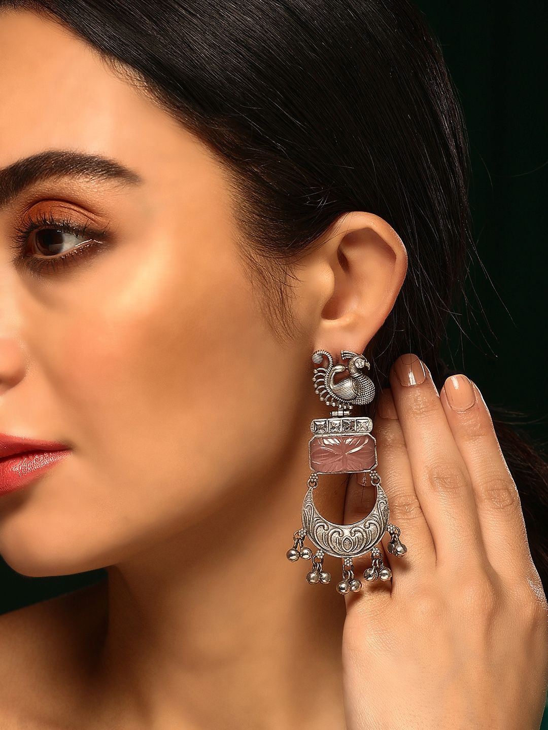 

Priyaasi Silver Plated Oxidized Peacock Shaped Chandbalis