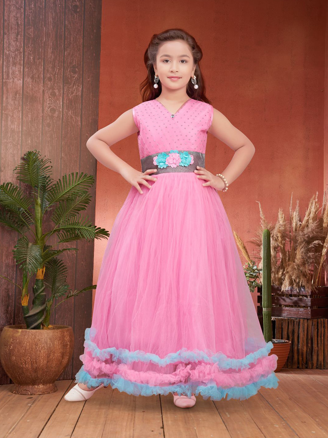 

Sangria Girls Embellished Net Gown, Pink