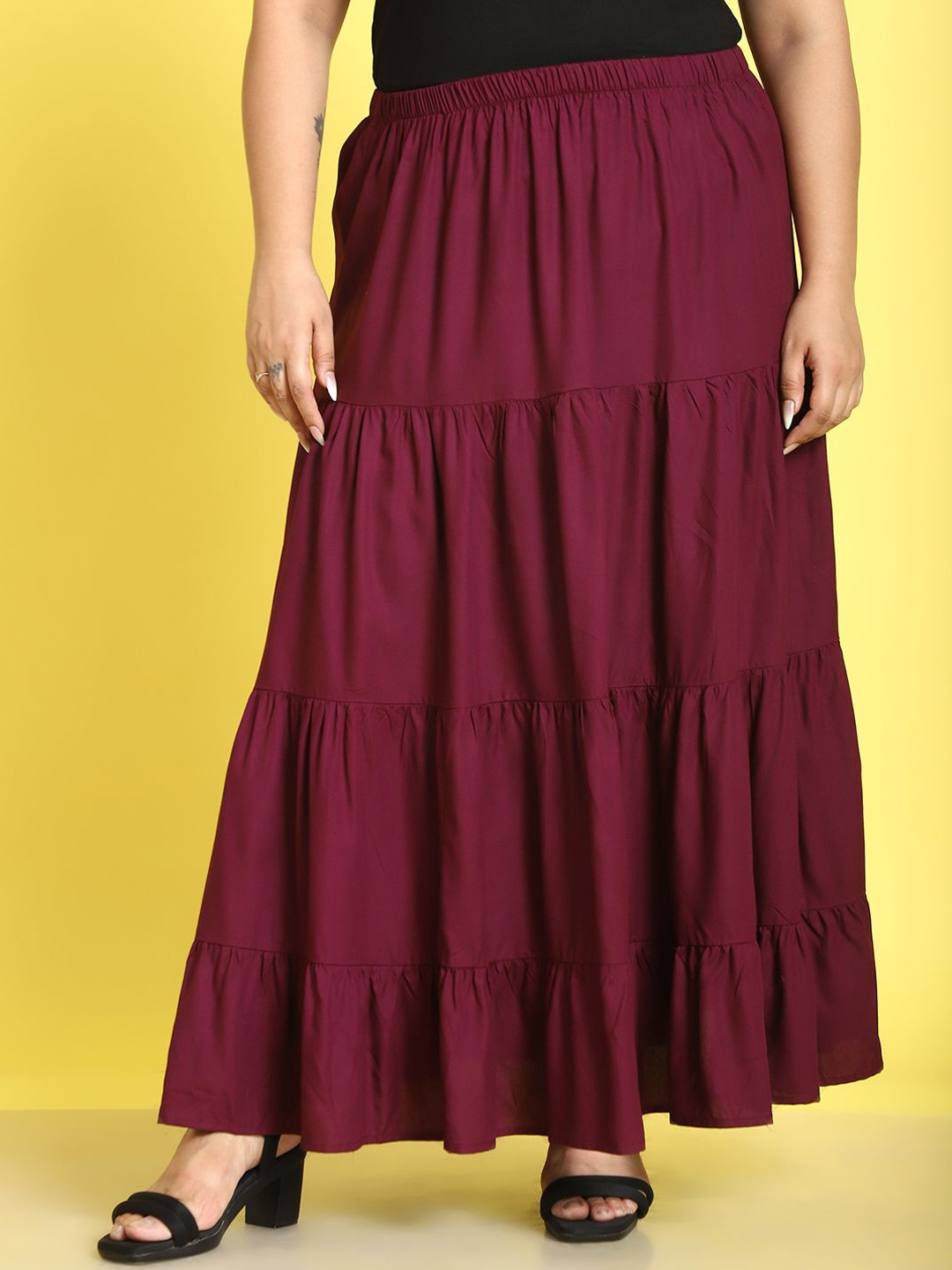

theRebelinme Women Plus Size A-Line Tiered Skirt, Burgundy