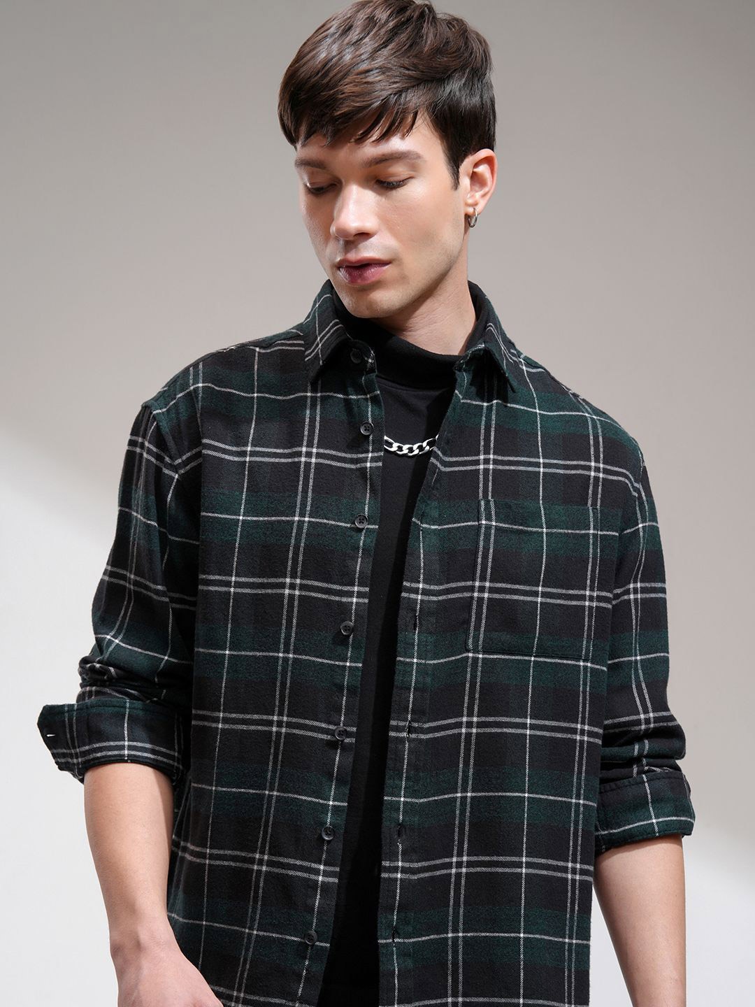 

HIGHLANDER Men Flannel Grindle Textured Checked Relaxed Overshirt, Black