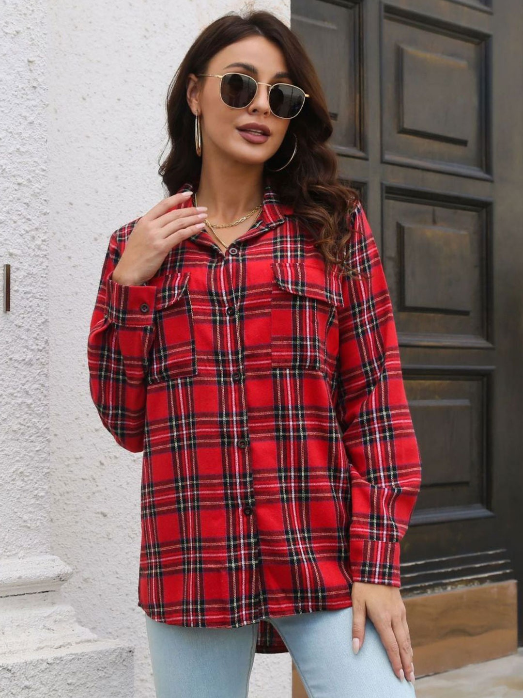 

Oh Rare Women Spread Collar Tartan Checked Casual Shirt, Red