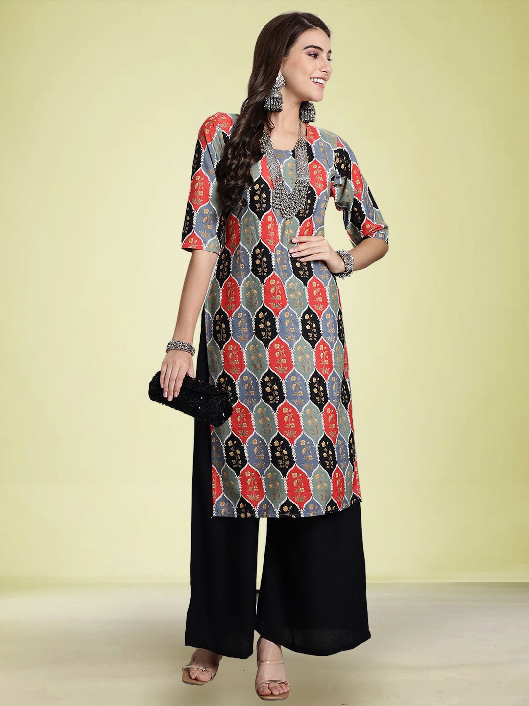 

Moda Rapido Floral Printed Round Neck Straight Kurta, Black