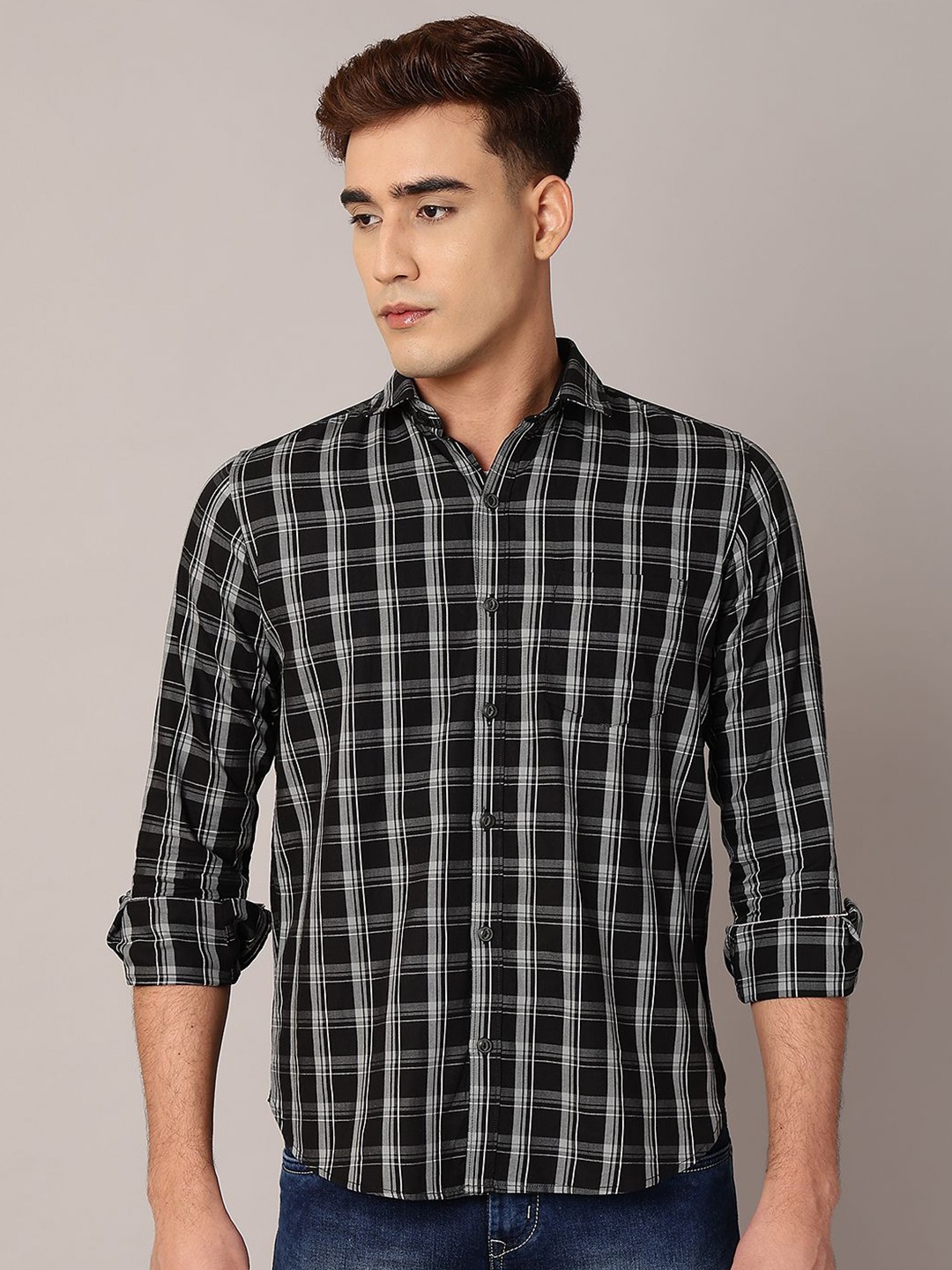 

TQS Men Shepherd Checks Opaque Checked Casual Shirt, Black