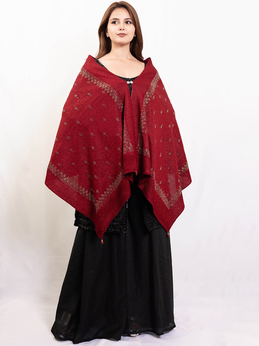 

PASHGIRI Ethnic Motifs Embroidered Woolen Shawl, Maroon