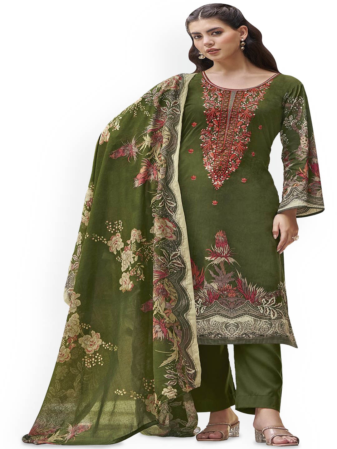 

DRAVINAM Floral Printed Pure Cotton Unstitched Dress Material, Green