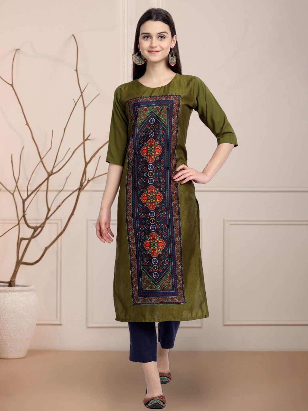 

Moda Rapido Ethnic Motifs Printed Round Neck Straight Kurta, Olive