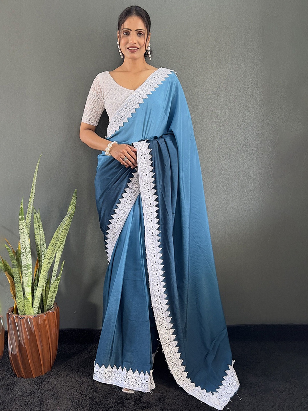 

APNISHA Ombre Pure Chiffon Saree, Turquoise blue