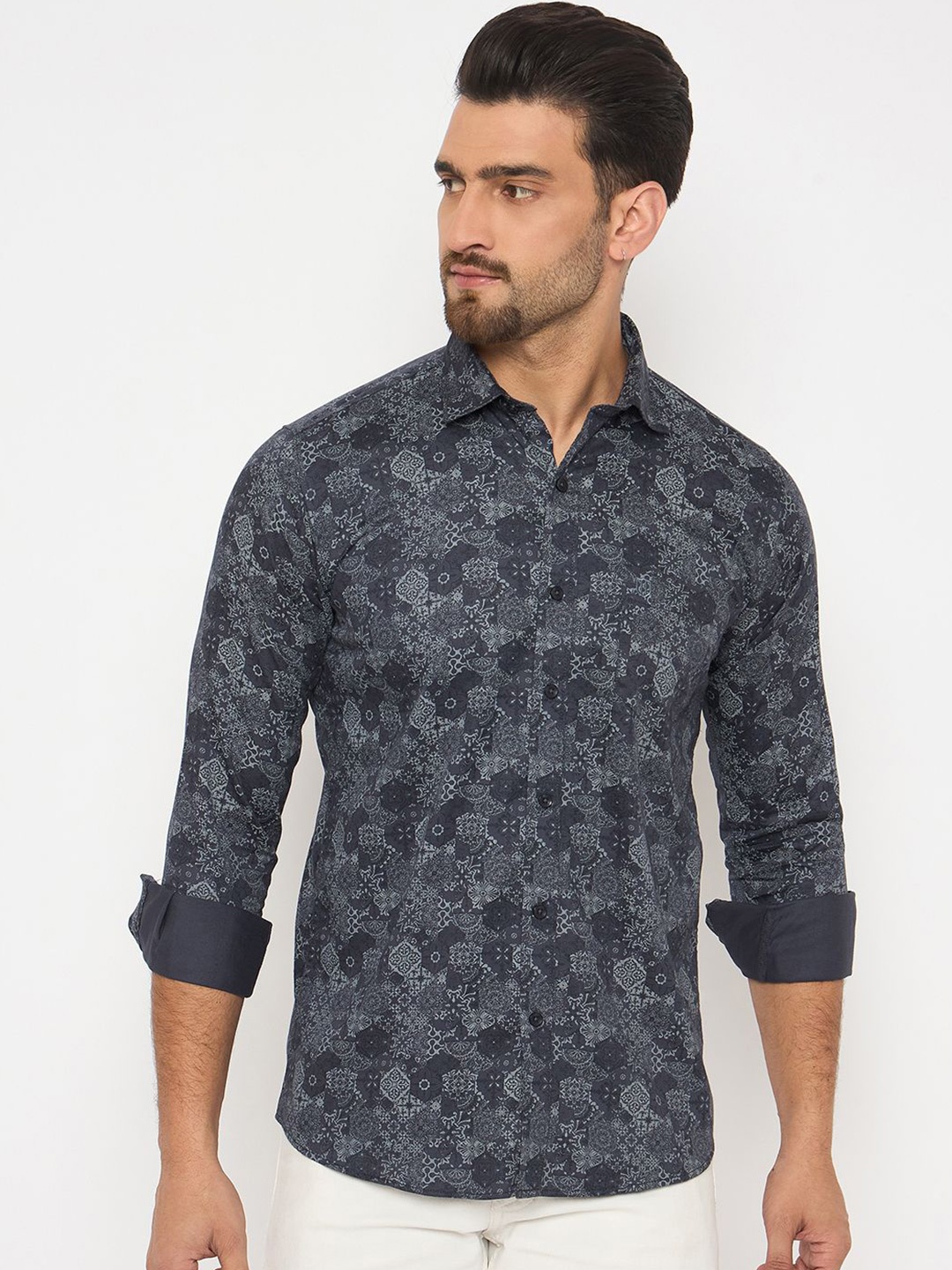 

Duke Men Slim Fit Spread Collar Floral Printed Cotton Casual Shirt, Black