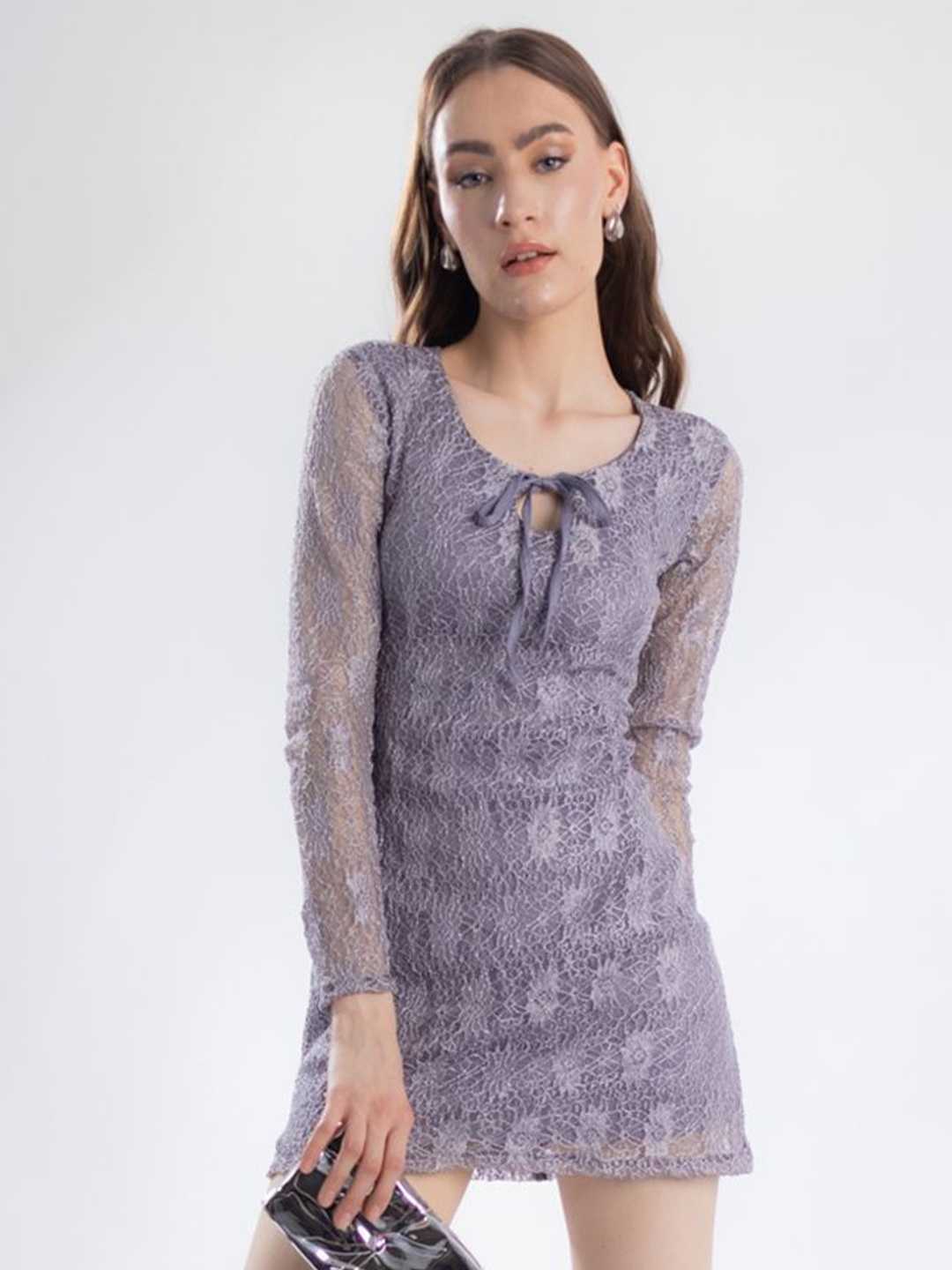

DressBerry Print Tie-Up Neck Bodycon Mini Dress, Grey