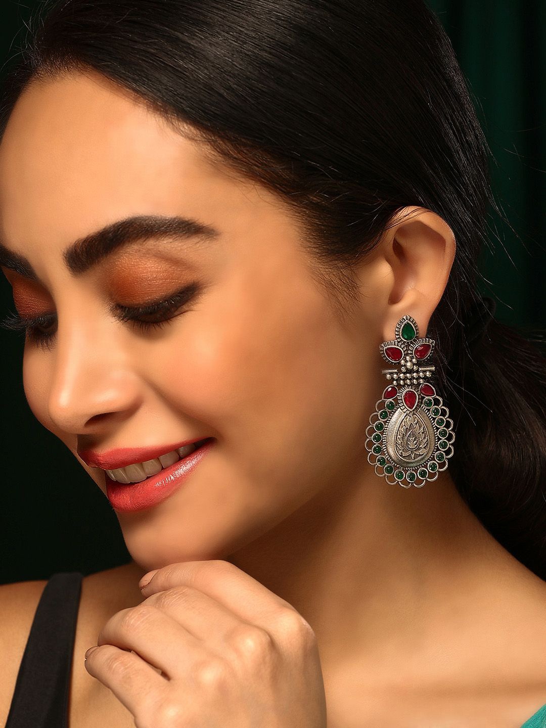 

Priyaasi Silver-Plated Ruby Stone Studded Contemporary Oxidised Drop Earrings