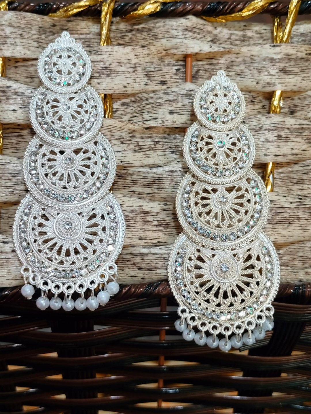 

JMBW INTERNATIONAL Silver-Plated Artificial Stones Studded And Beaded Drop Earrings