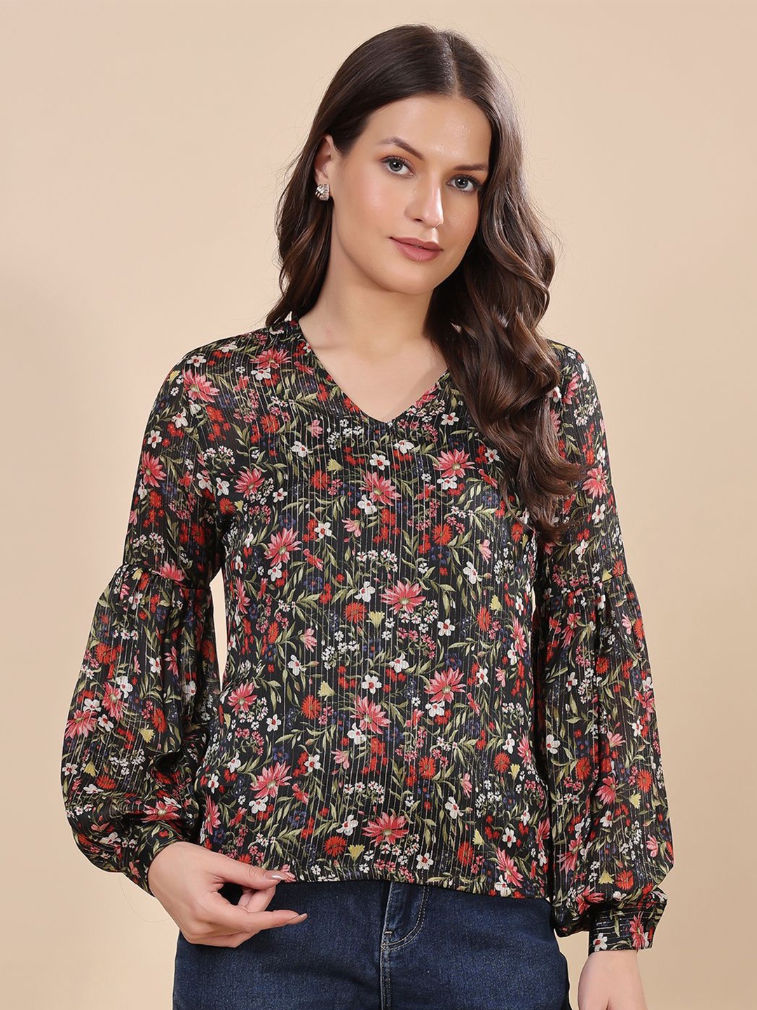 

Cation Women Floral Printed Georgette Top, Black