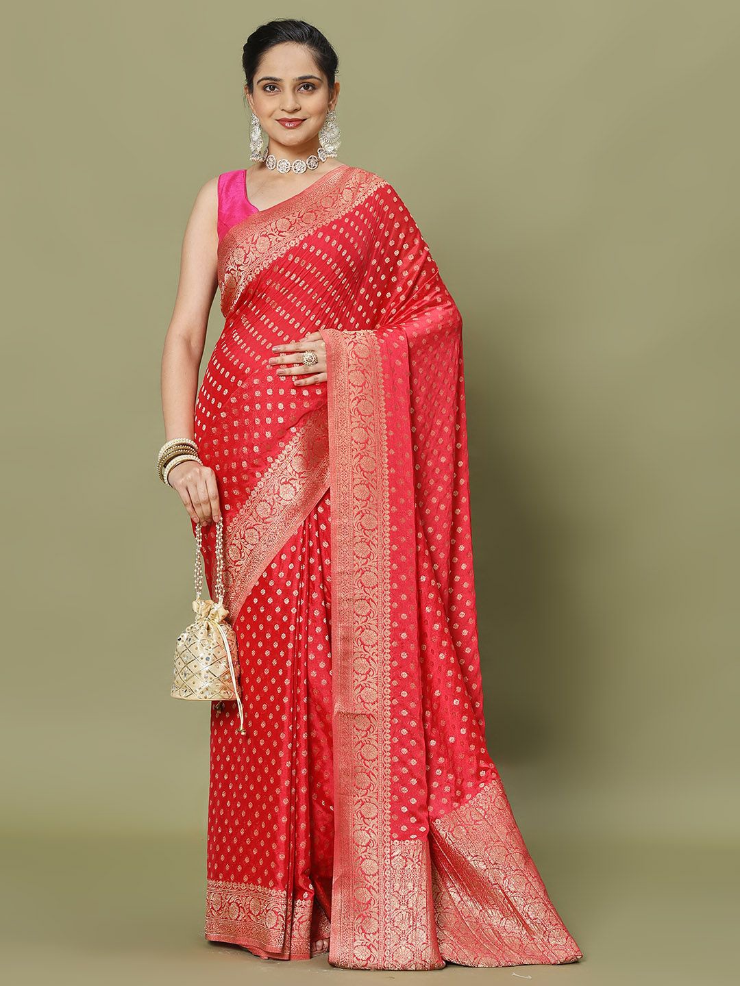 

Meena Bazaar Woven Design Zari Saree, Pink