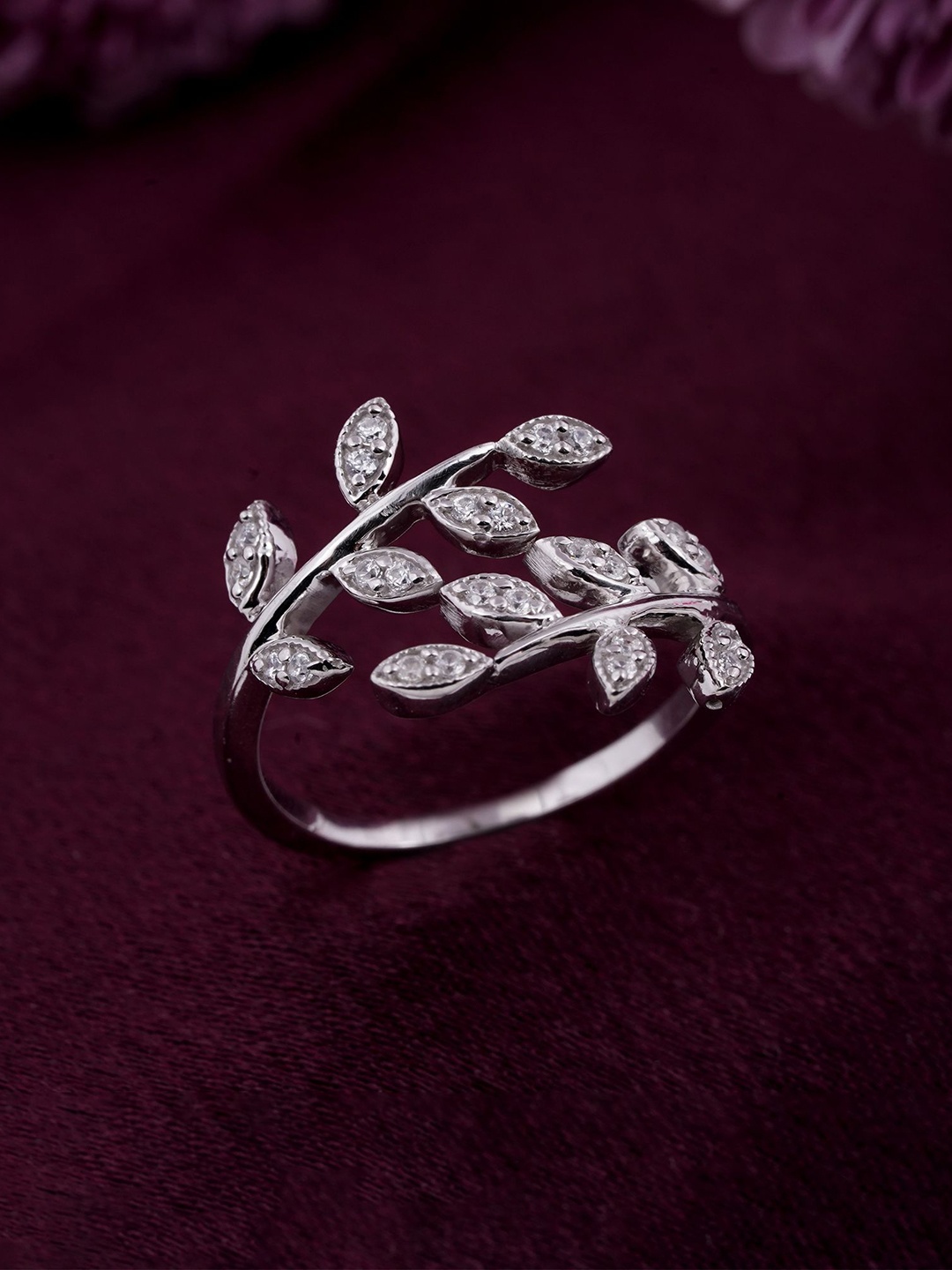 

Zalkari 925 Sterling Silver -Plated Cubic Zirconia-Studded Leaf Finger Ring