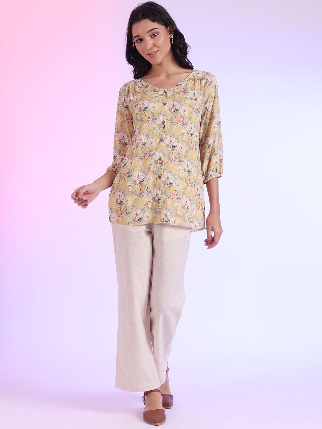 

AURELIA Floral Printed V-Neck Puff Sleeves Modal Straight Kurta, Yellow
