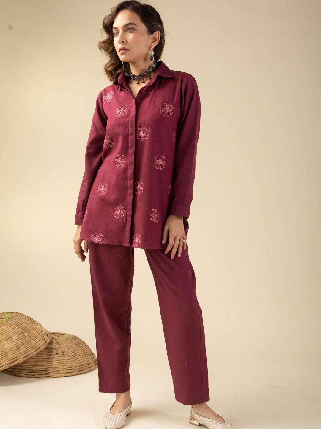 

KUSVAA Printed Shirt Collar Shirt With Trousers, Burgundy