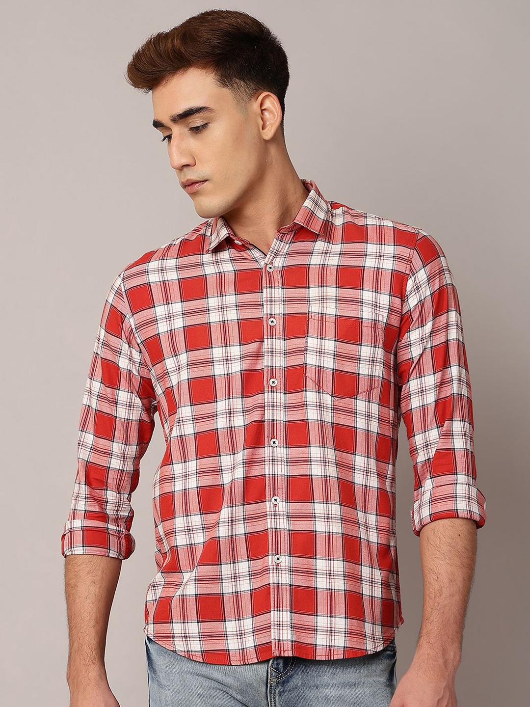 

TQS Men Shepherd Checks Opaque Checked Casual Shirt, Red