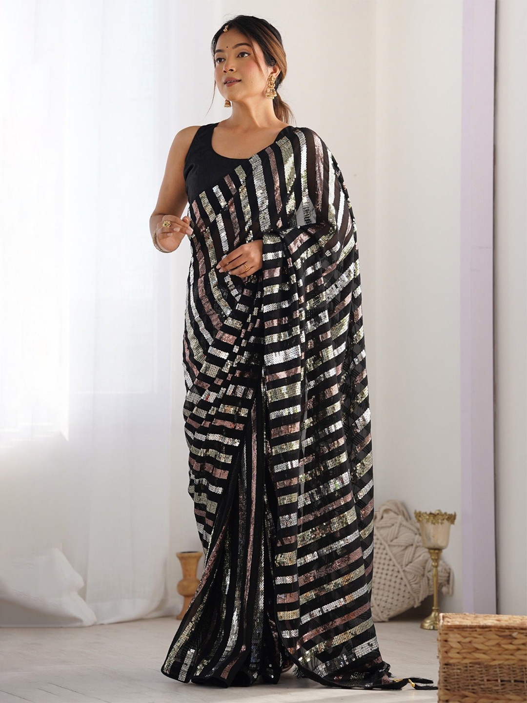 

MySilkLove Woven Design Embroidered Sequinned Pure Georgette Saree, Black