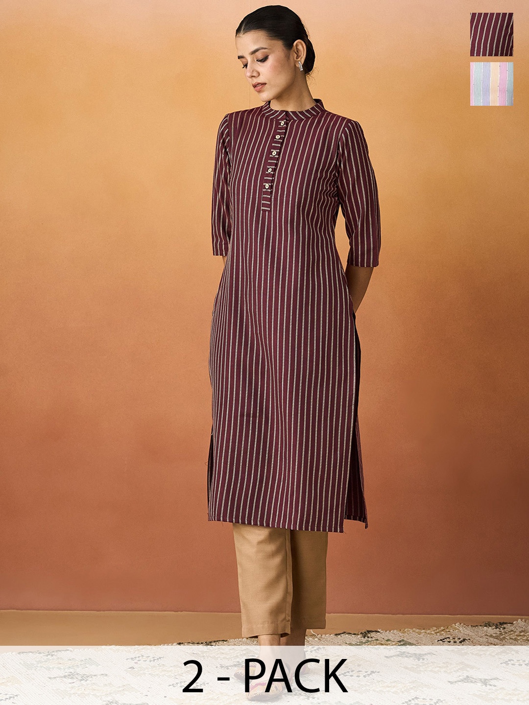 

KALINI Selection Of 2 Striped Round Neck Straight Kurtas, Maroon