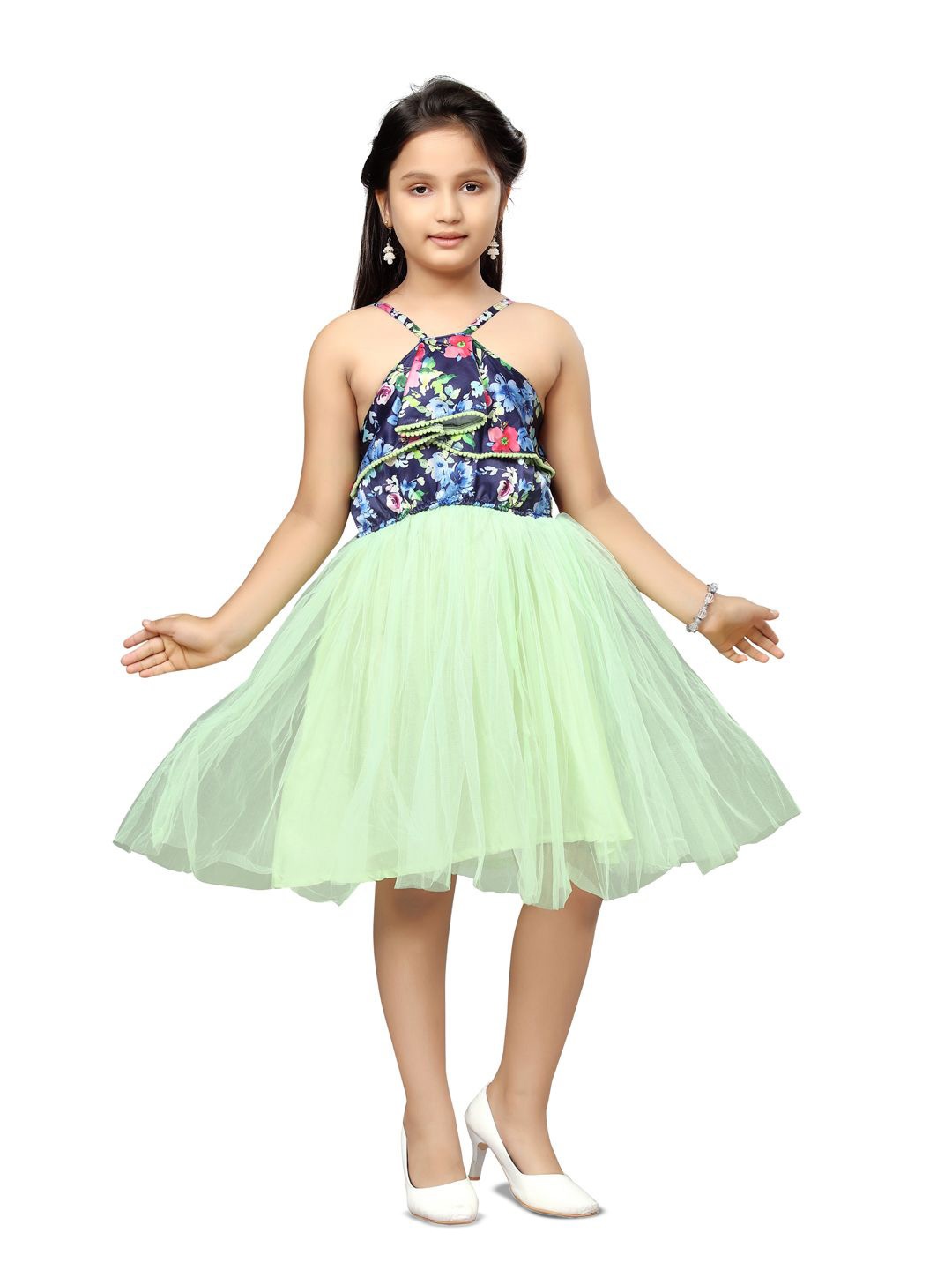 

YK Girls Floral Printed Fit & Flare Dress, Green