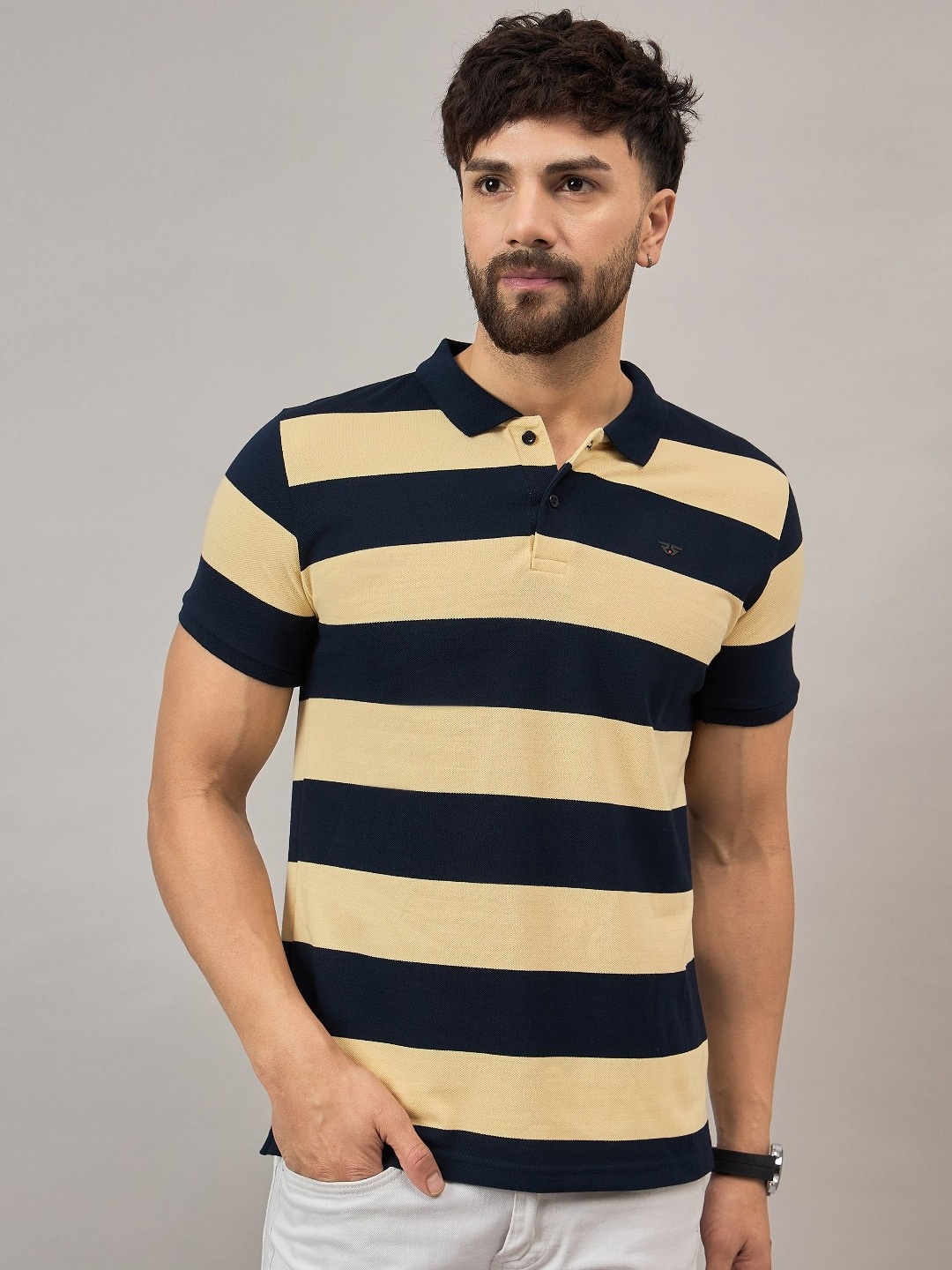 

REPRISE Men Striped Polo Collar Cotton T-shirt, Yellow