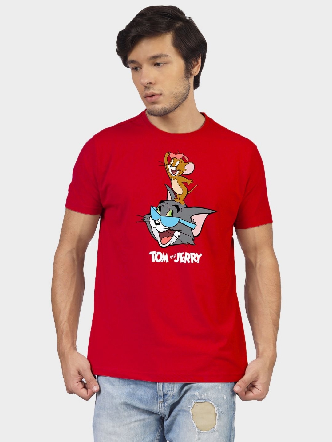 

Greylongg Men Tom & Jerry Graphic Printed Round Neck Cotton T-shirt, Red