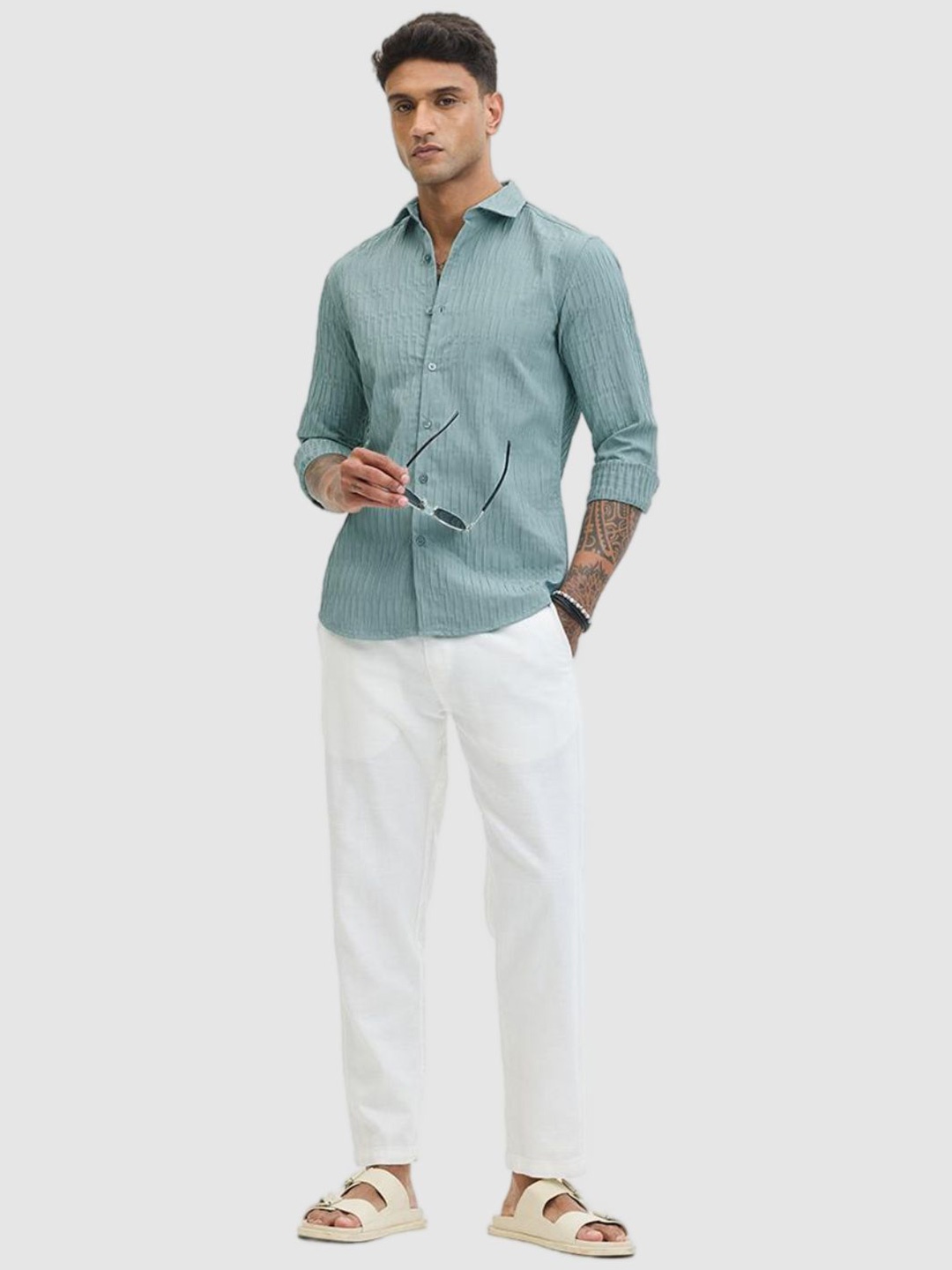 

Snitch Men Smart Fit Spread Collar Textured Casual Shirt, Green