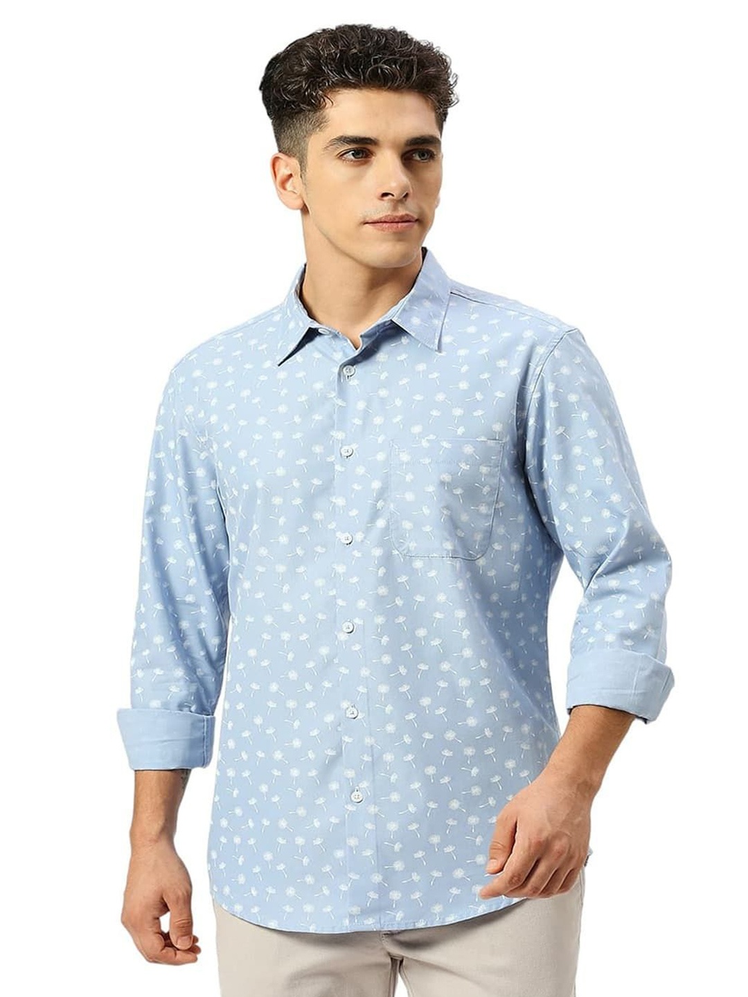 

Basics Men Slim Fit Spread Collar Floral Printed Cotton Casual Shirt, Blue