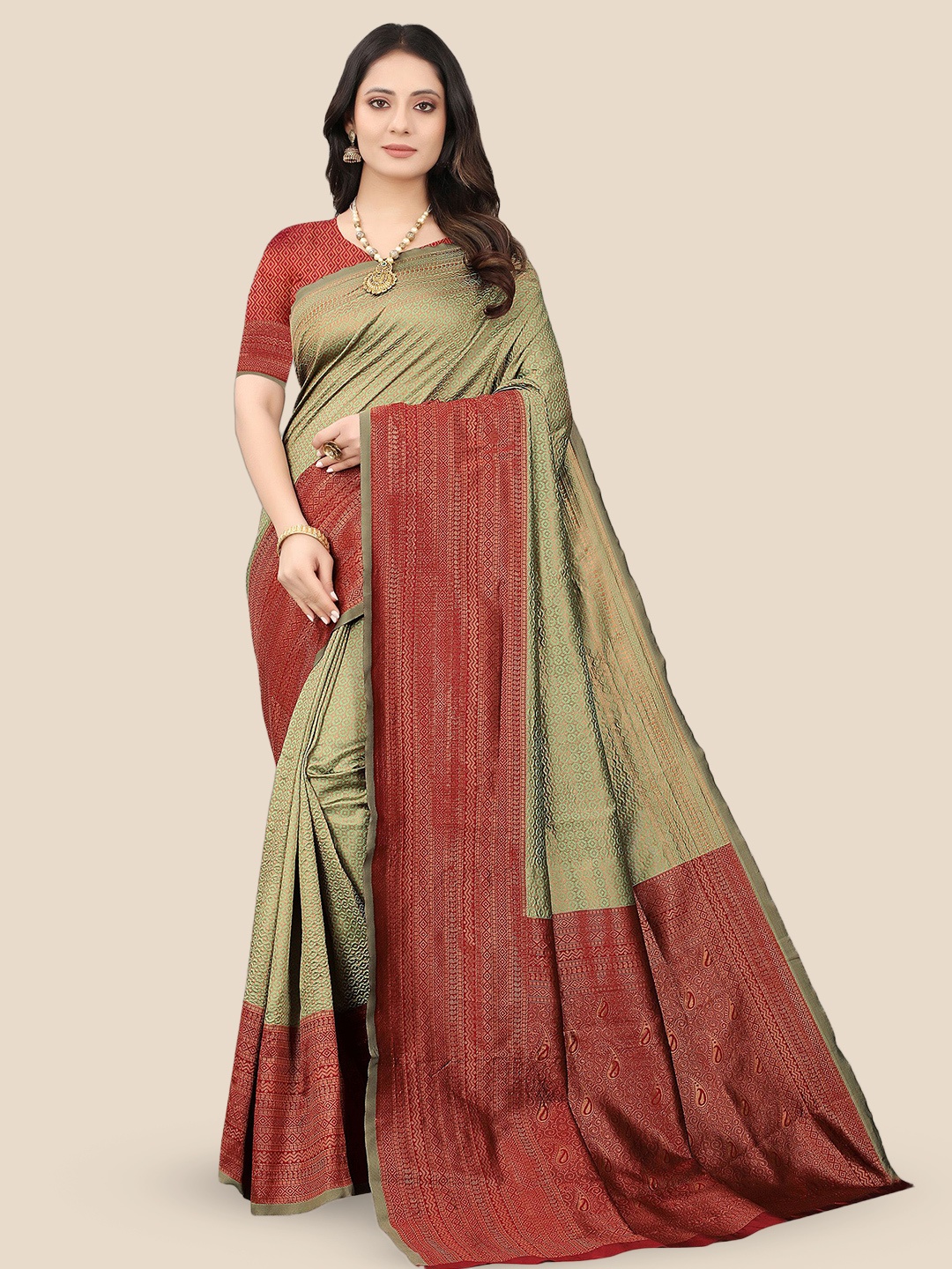 

bigben textile Ethnic Motifs Zari Banarasi Saree, Green