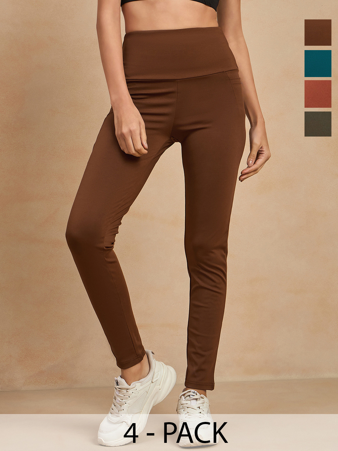 

COLOR CAPITAL Women Pack of 4 Skin Fit Antimicrobial Gym Tights, Brown