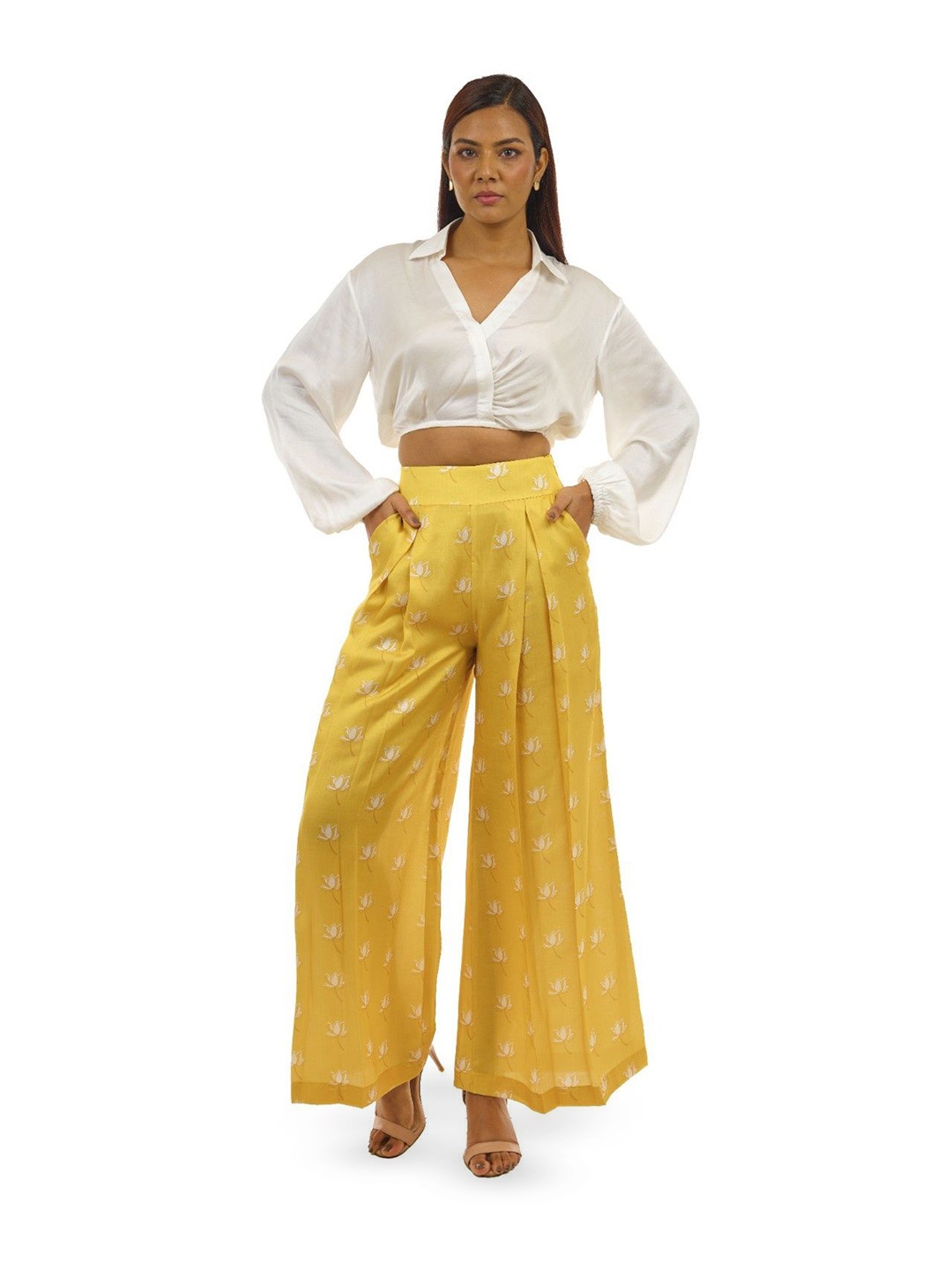 

LUXERAA Shirt Collar Top With Palazzo, White