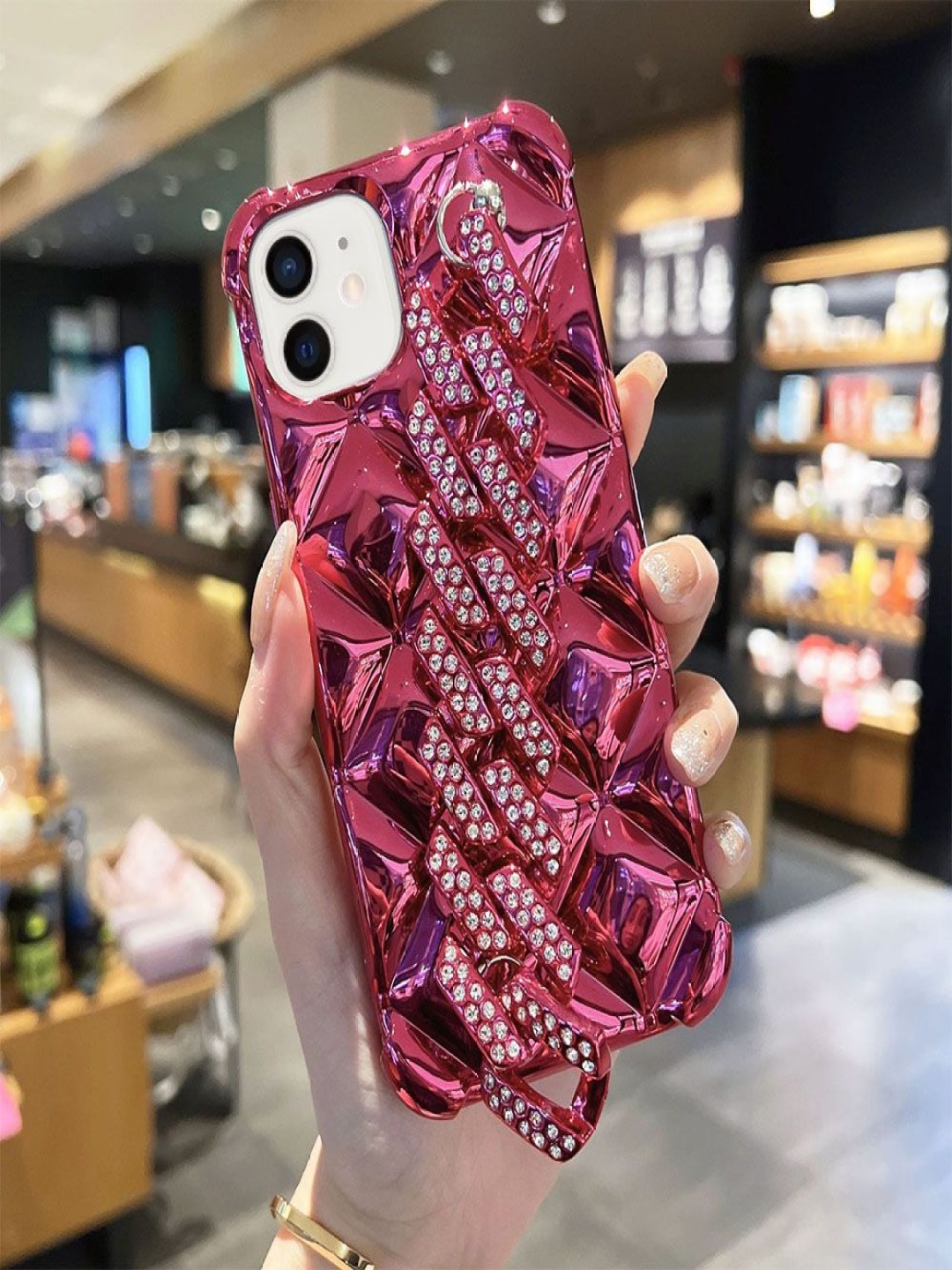 

Luxury Kase Plating Rhombus Metal Bracelet Chain iPhone 12 Back Case, Pink