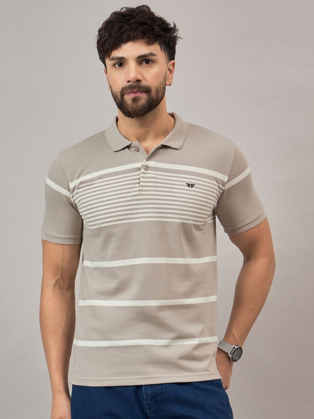 

REPRISE Men Striped Polo Collar Cotton T-shirt, Beige