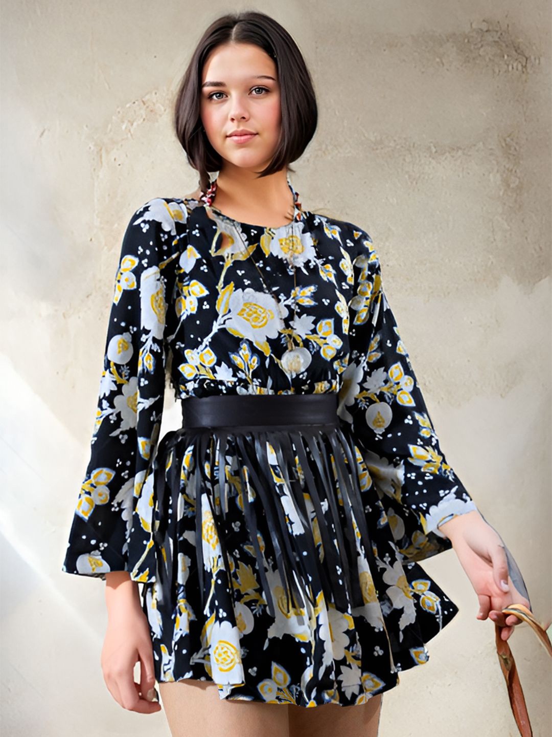 

DressBerry Floral Print Bell Sleeve Fit & Flare Mini Dress, Black