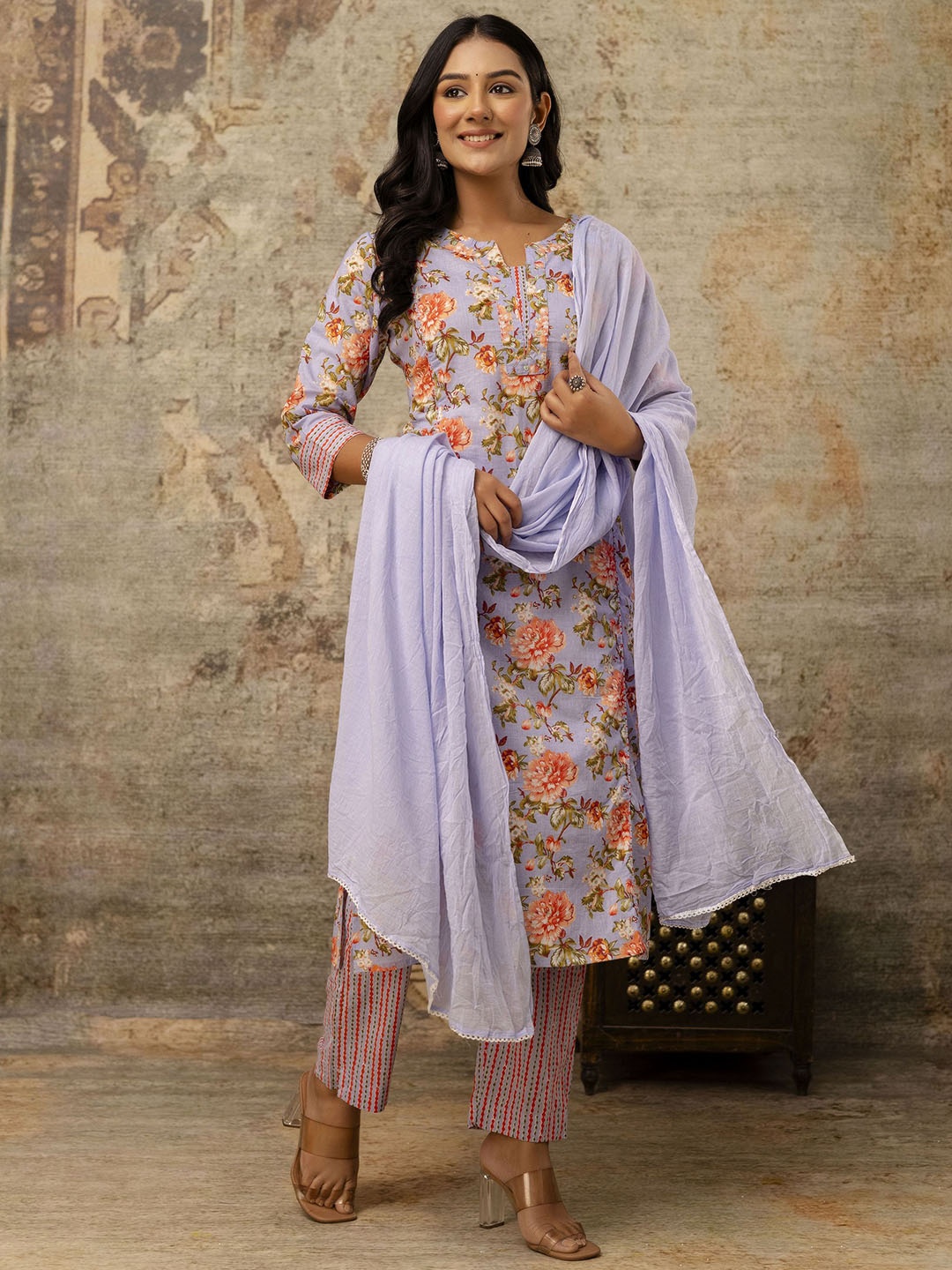 

Anouk Turquoise Blue Floral Printed Pure Cotton Notch-Neck Kurta With Trouser & Dupatta