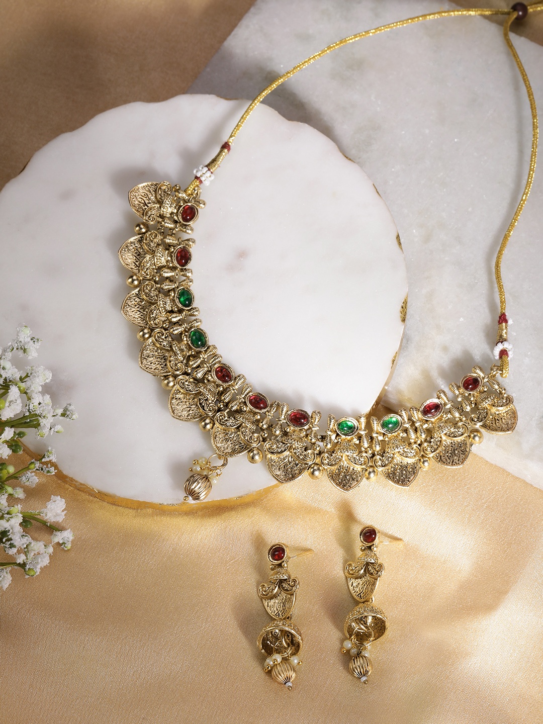 

MANSIYAORANGE Gold-Plated Artificial Stones Studded & Pearls Beaded Jewellery Set